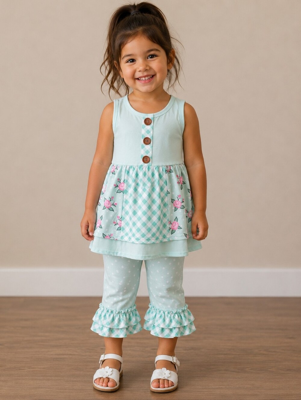 Mint Floral Gingham Tank & Ruffle Capri Set Size 3T NWOT